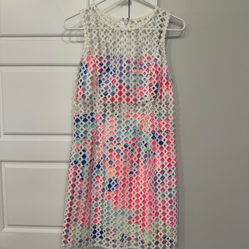 Lilly Pulitzer White Lattice Overlay Dress with Multicolor Print
